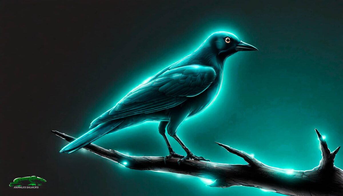 Ilustración de un pájaro nocturno iluminado por una luz azul brillante, representando animales que dependen de la luz lunar.